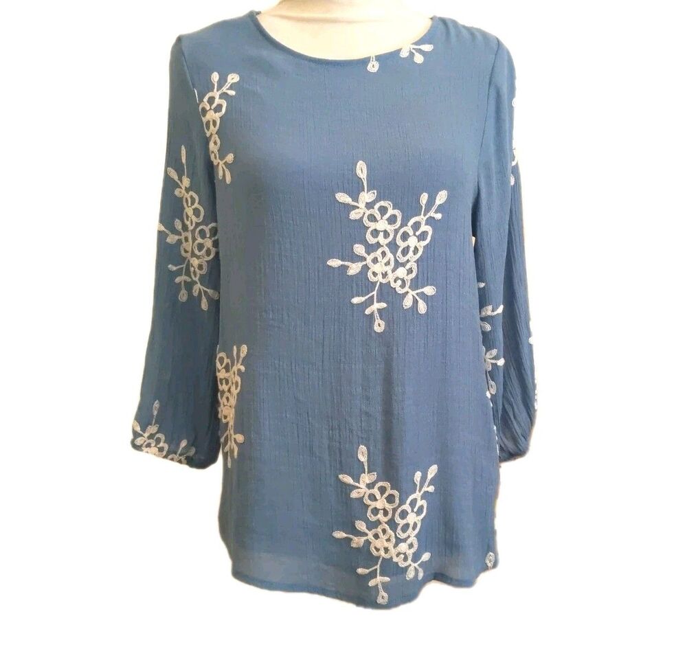 ANNELIEGE Blue Tunic Blouse Sheer Demur Embroidered Lined Size M